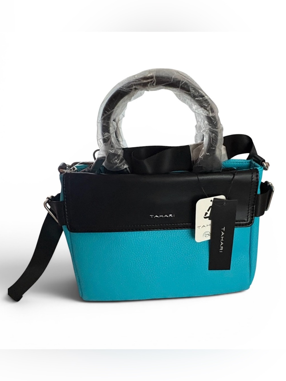 Tahari Black and Turquoise Vegan Leather Satchel